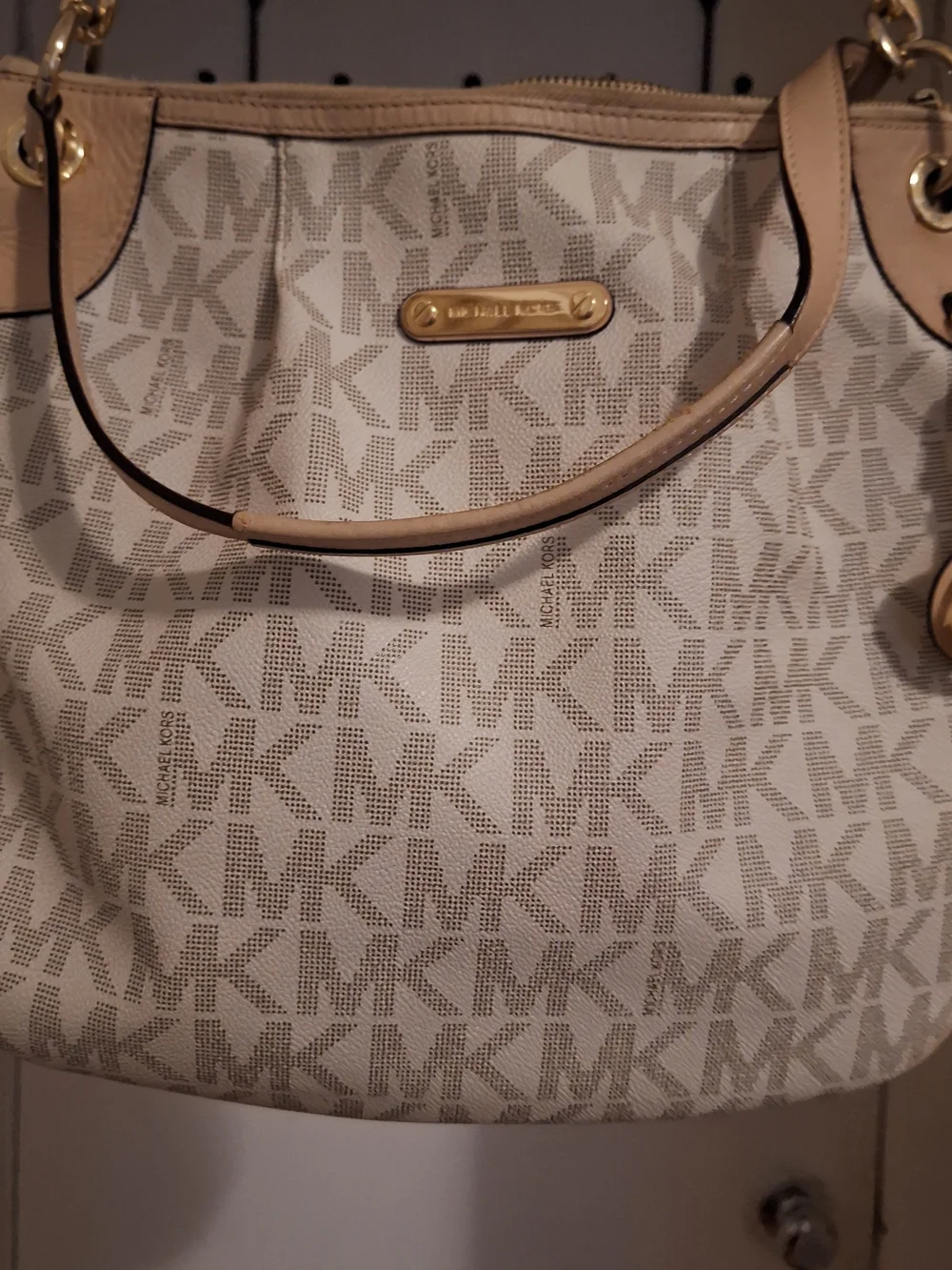 Michael Kors Beige and Tan MK Logo Shoulder Bag with Gold Hardware